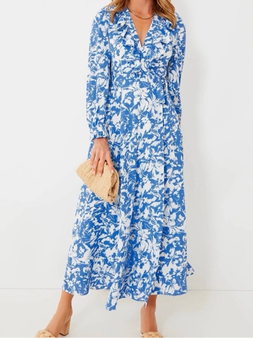 Hyacinth House Winifred  Blue & White Floral Ruffle Wrap Maxi Dress